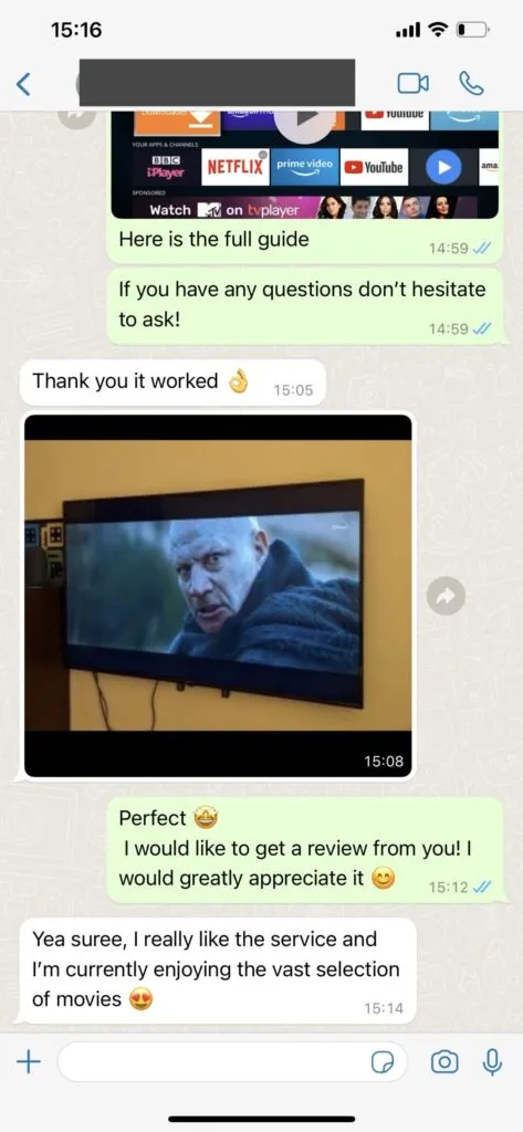WhatsApp customer support chat proof with WeSellIPTV IPTV